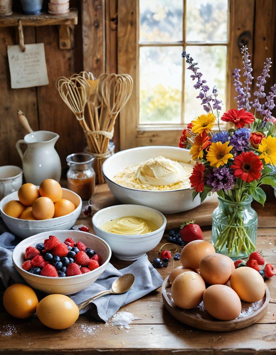 A beautifully arranged kitchen scene featuring a vintage whisk, bowls of colorful batter, and ingredients like flour, eggs, and vibrant fruits scattered around. Soft natural light streams in, illuminating the delightful textures and colors of the batter. The background includes a rustic wooden table and a cheerful bouquet of flowers, evoking a sense of love and warmth in baking. watercolor illustration. warm tones. inviting atmosphere.