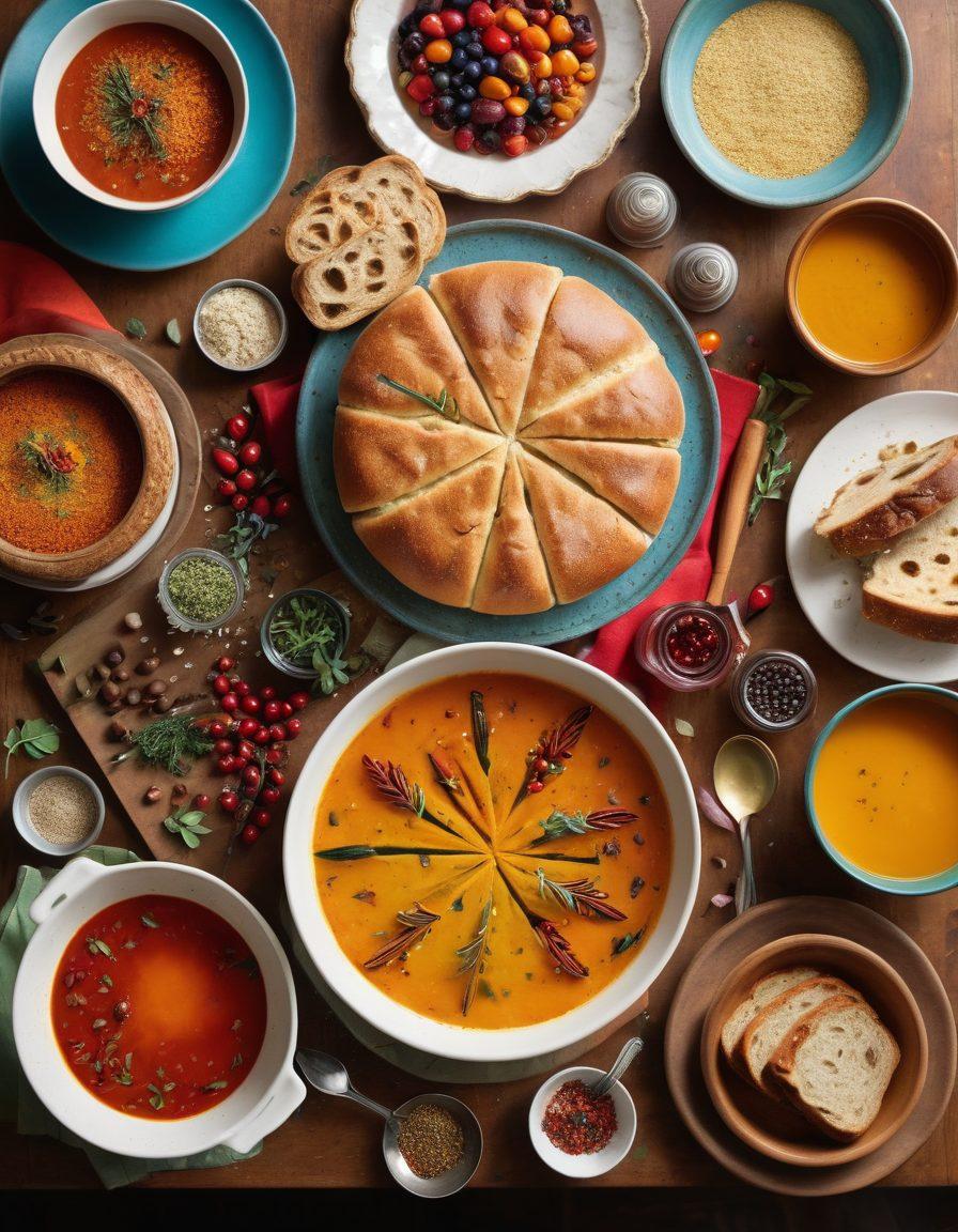 A beautifully arranged table showcasing a variety of vibrant, colorful dishes from different cuisines, with a focus on a glistening cake and artisan bread. Various kitchen utensils are scattered around, hinting at the cooking process, and a soft, warm light enhances the inviting atmosphere. Include a happy foodie savoring a bite, surrounded by spices and fresh ingredients. super-realistic. vibrant colors. warm tones.