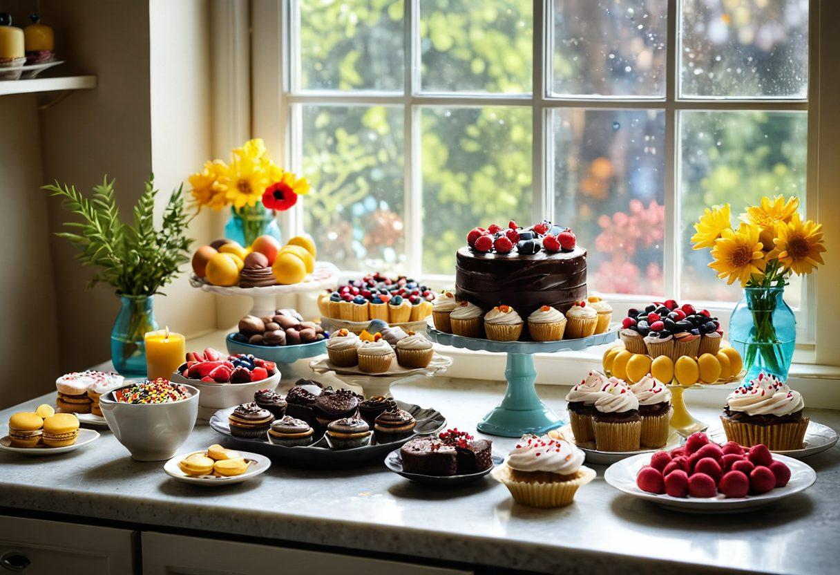 A beautifully styled kitchen countertop adorned with an array of delectable desserts like cupcakes, macarons, and a chocolate cake, surrounded by colorful baking ingredients like sprinkles and fruits. A warm sunlight streams through a window, casting an inviting glow on the scene. Include a whimsical recipe book open to a dessert page, showcasing tips and tricks for making irresistible treats. soft focus, bright colors, cozy atmosphere.
